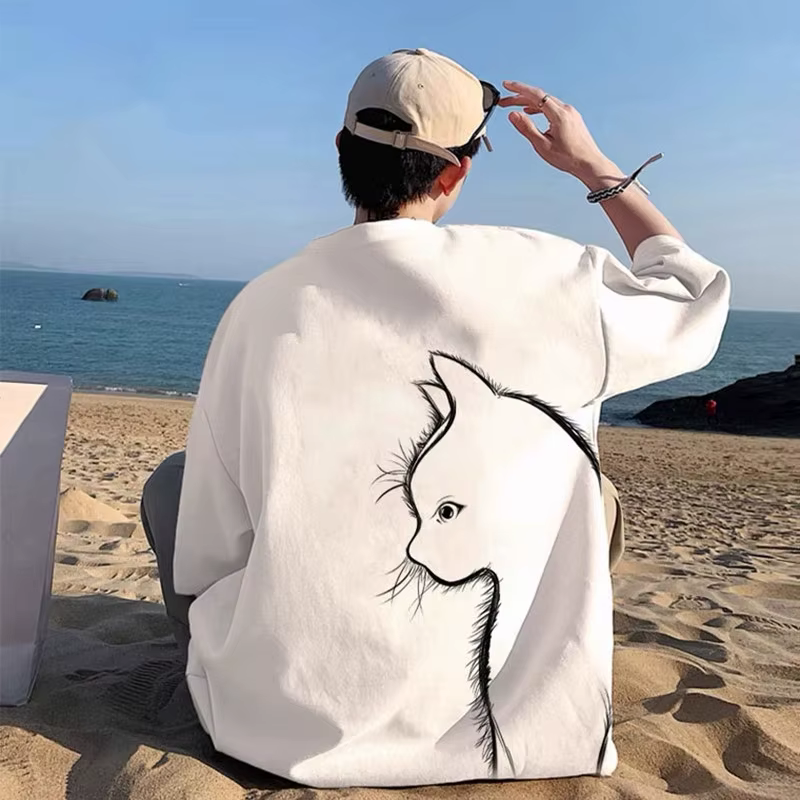 AVENZ-T-shirt imprimé chat de dessin animé pour homme, haut unisexe en coton, été, rue haute, respir