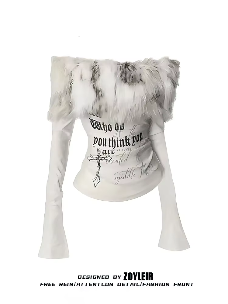 T-shirt à manches longues en fourrure graphique de luxe, style Y2K, pour femme, automne-hiver, hauts