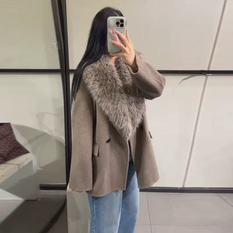 Manteau en laine à col en fourrure détachable, Double boutonnage, manches longues, élégant, vêtement