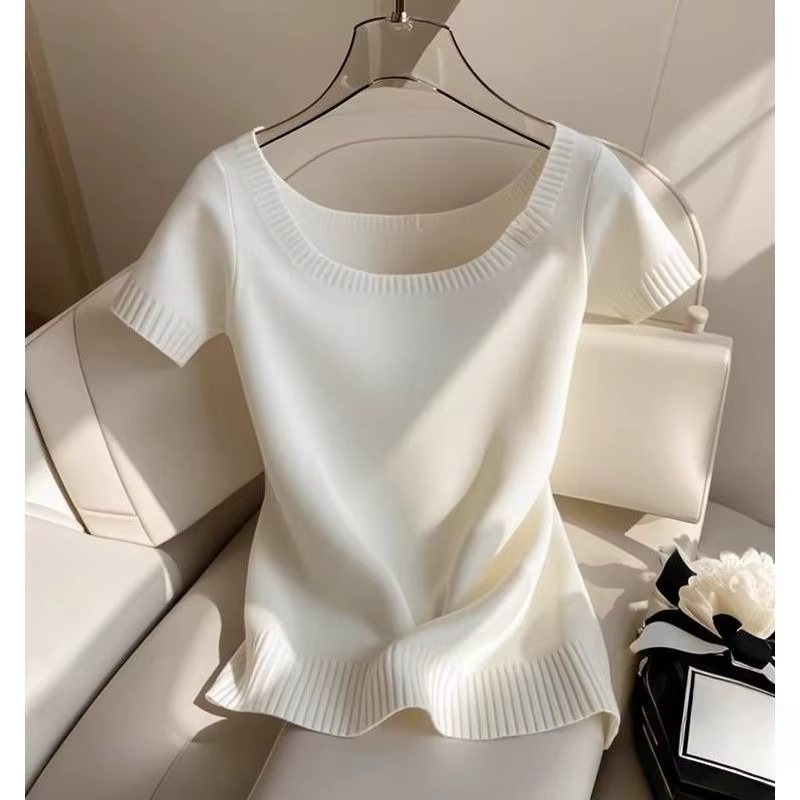 Pull en tricot unique et super beau pour femmes, design tendance, couleur unie, t-shirt à manches co