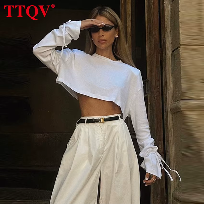 TTQV mode ample blanc coton femmes chemise décontracté col rond à manches longues dame chemise éléga