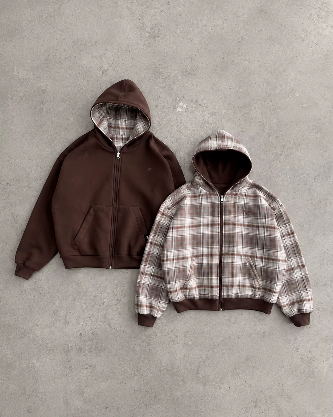 Sweat à capuche réversible zippé pour femme, marron uni à carreaux, double face, coupe oversize ampl