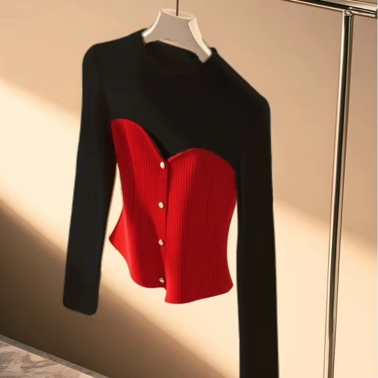 Haut à col rond pour femmes, couleur rouge, nouvel an, couche intérieure épaisse, chemise haut de ga
