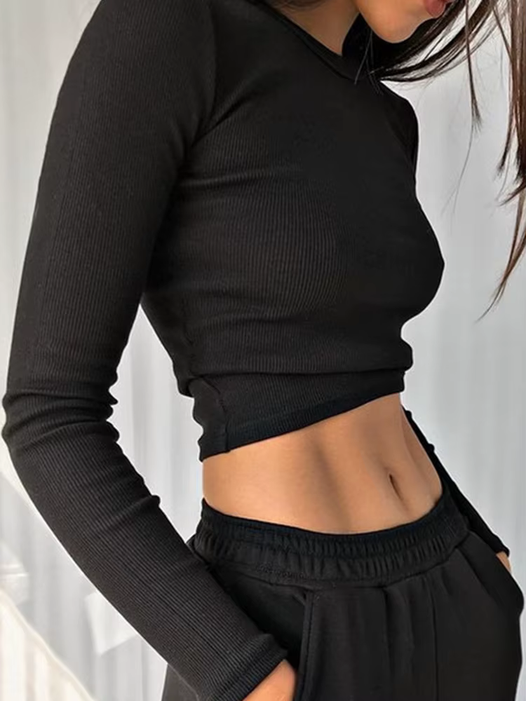T-shirt à manches longues et col rond pour femme, noir, blanc, slim, basique, décontracté, sexy, cou