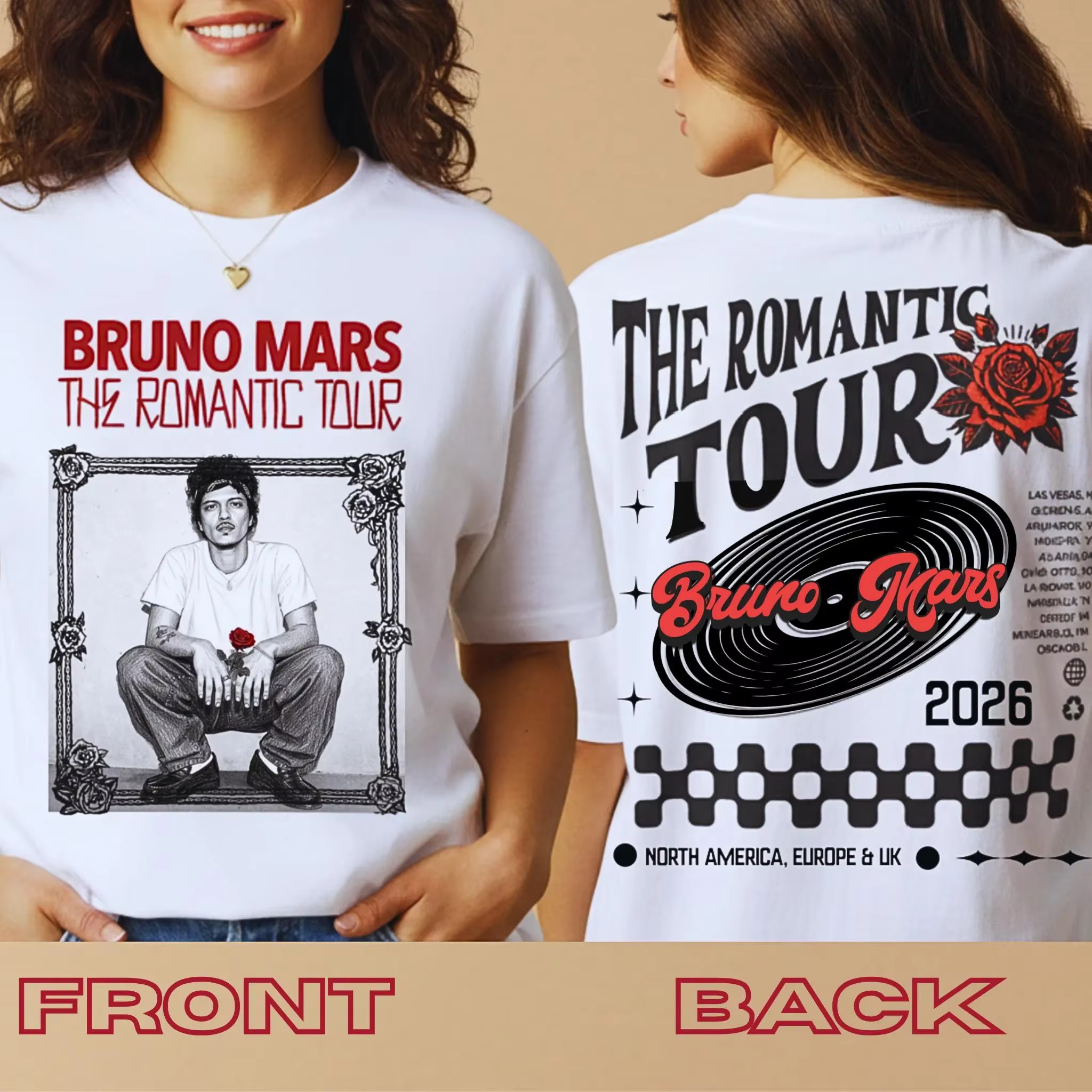 T-shirt de la tournée romantique de Bruno Mars 2026, date de la tournée sur le dos, t-shirt en coton