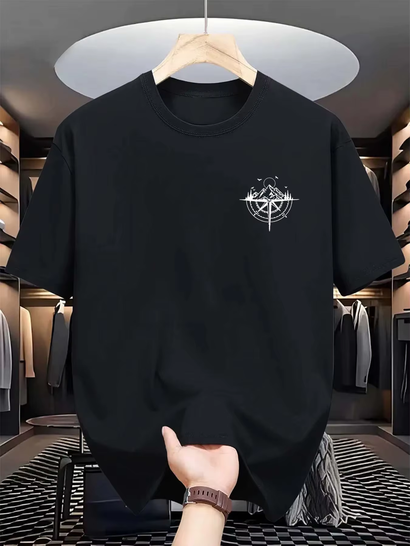 T-shirt d'été pour hommes, 100% coton, imprimé avec un motif de boussole de montagne, décontracté, a