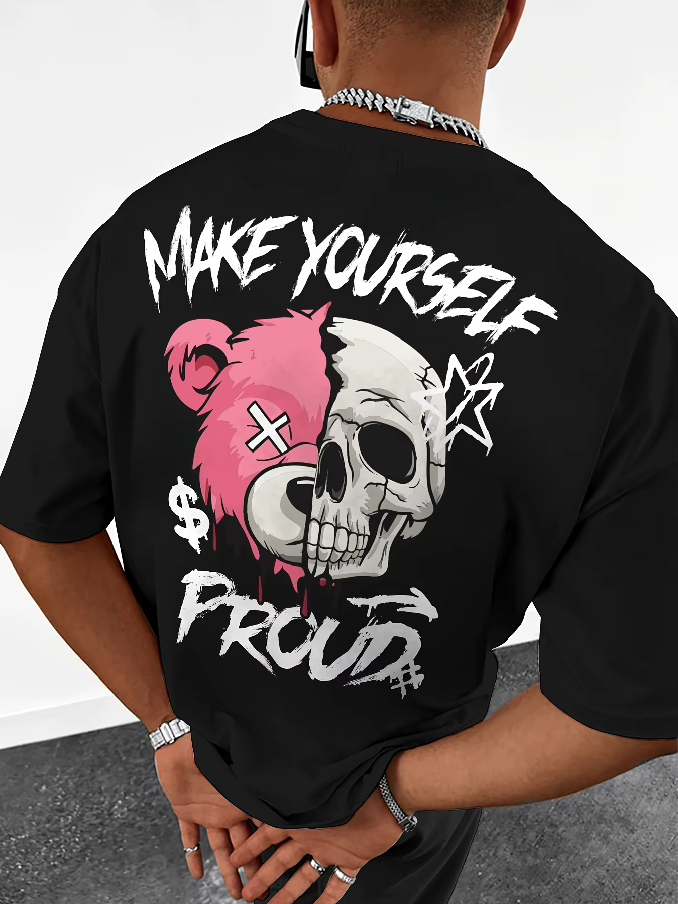 T-shirt col rond pour hommes européens et américains, imprimé crâne ours, confortable et respirant, 
