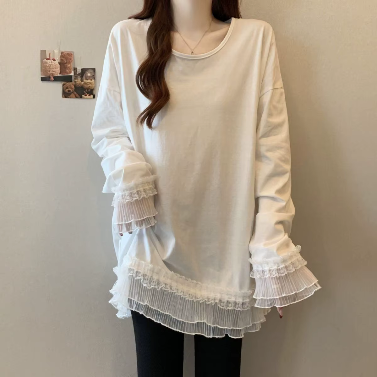 T-shirt à manches longues épissé en dentelle pour femmes, chemise de Base, Style printemps-automne, 