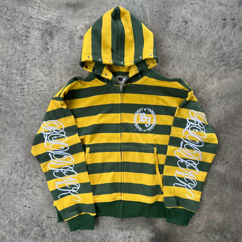 Y2K Street Kid sweat à capuche zippé rayure Rivet motif de broderie sweat nouveaux hommes Hip Hop mo