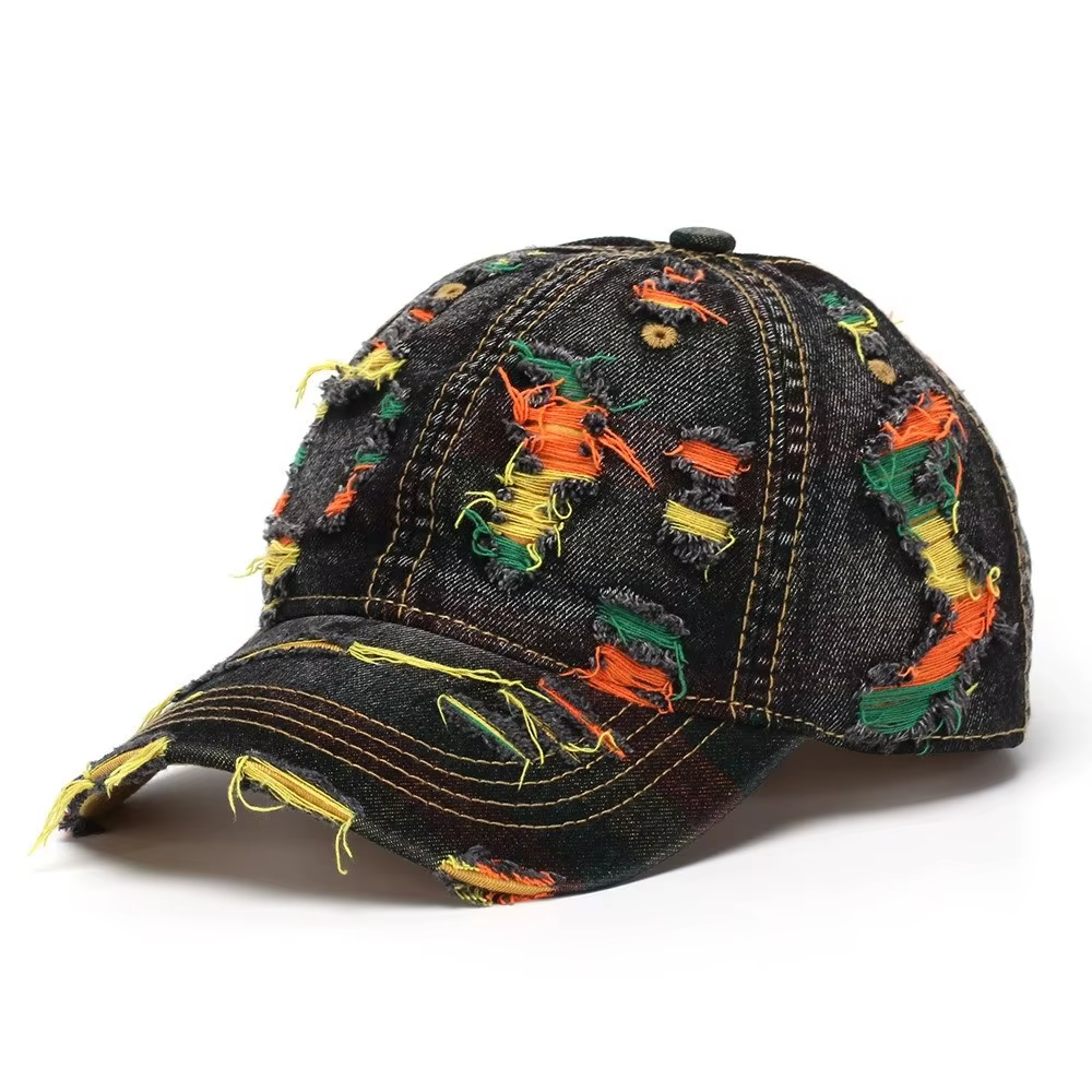 Casquette de baseball rétro en jean avec lignes colorées, style déchiré réglable, visière, pour homm