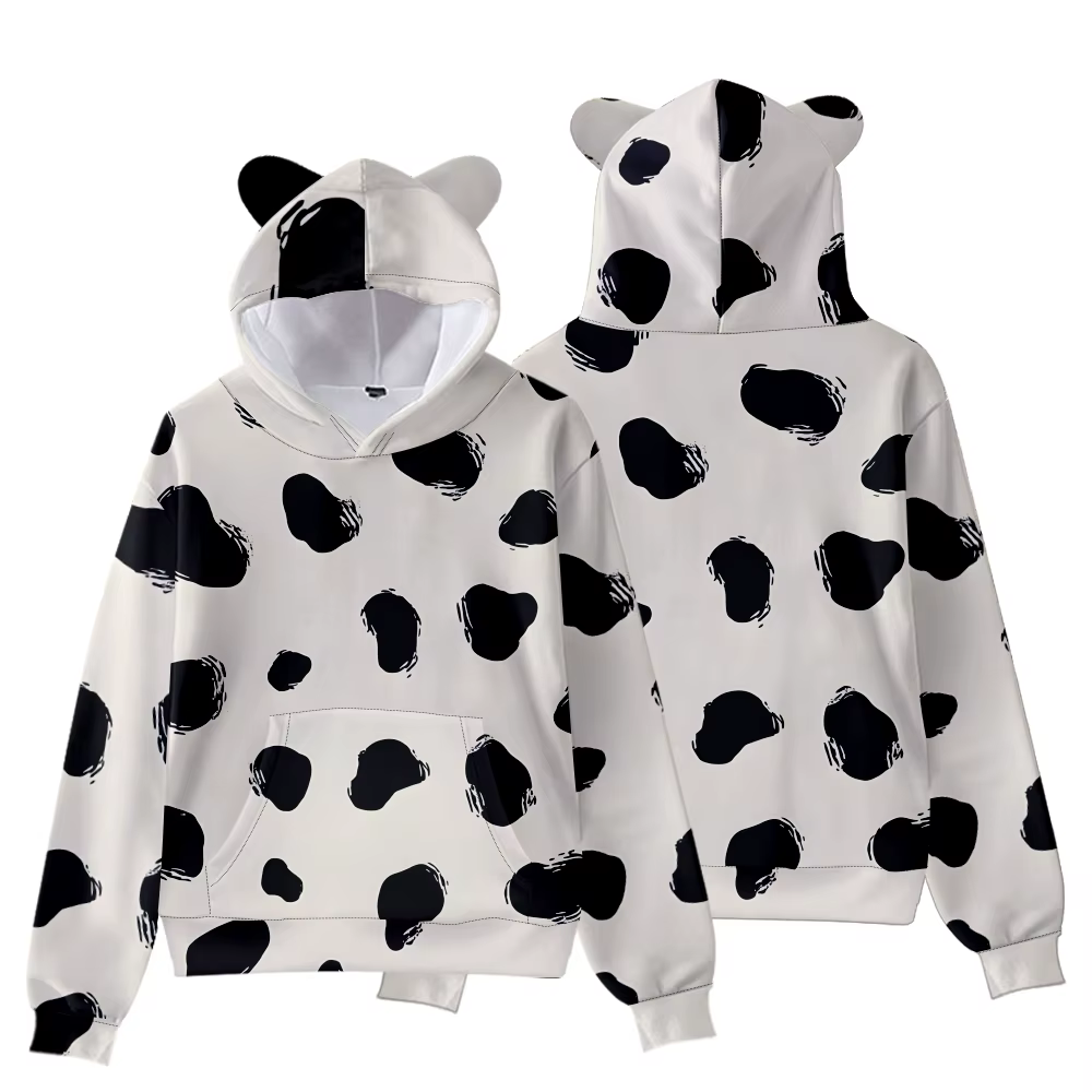 Sweat à capuche imprimé vache pour femmes, avec oreilles d'ours, mignon, décontracté, ample, pull as