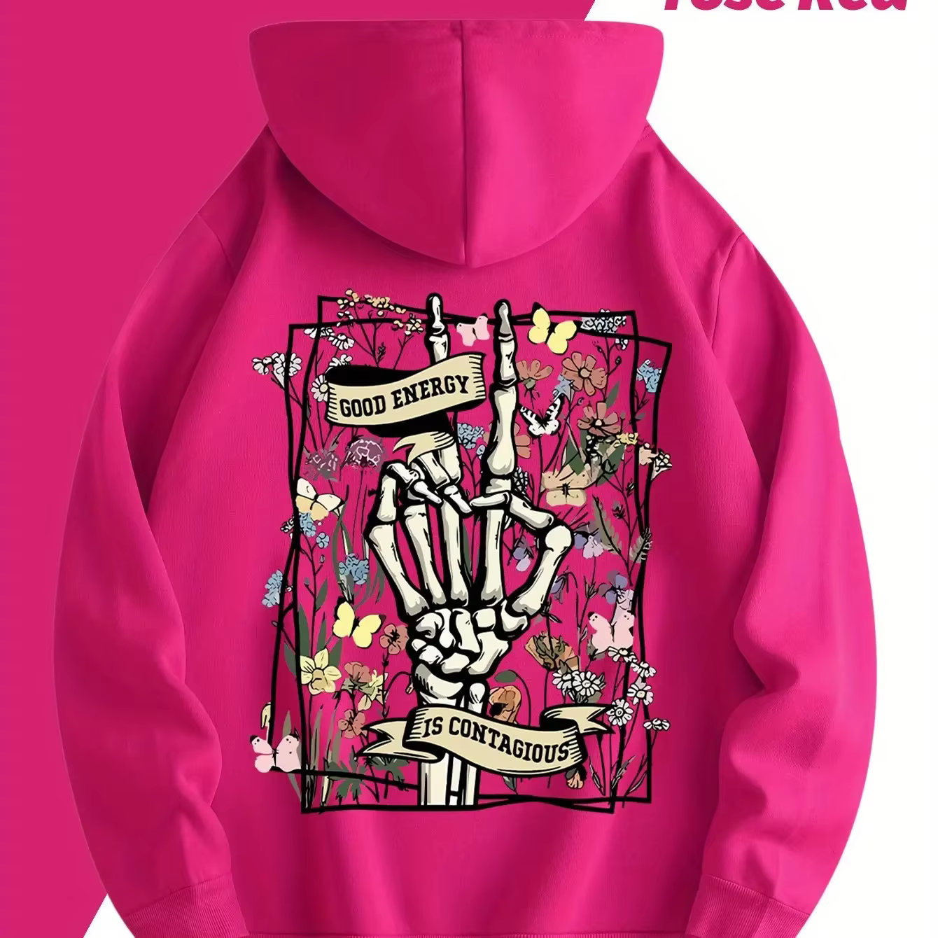 Sweat à capuche rose unisexe, style esthétique, avec motif main de squelette, fleurs sauvages et tex