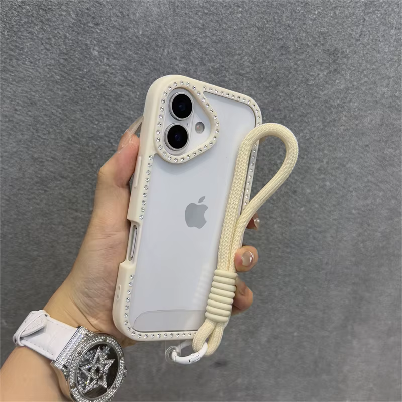 Coque de téléphone avec lanière en acrylique rose, étui de protection anti-chute pour iPhone 11 12 1