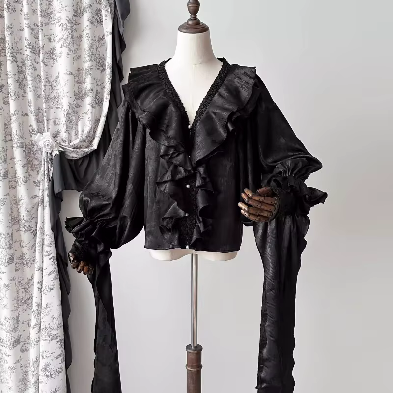 Vintage élégant Lolita chemises femmes victorien gothique col en v volants à manches longues Blouses
