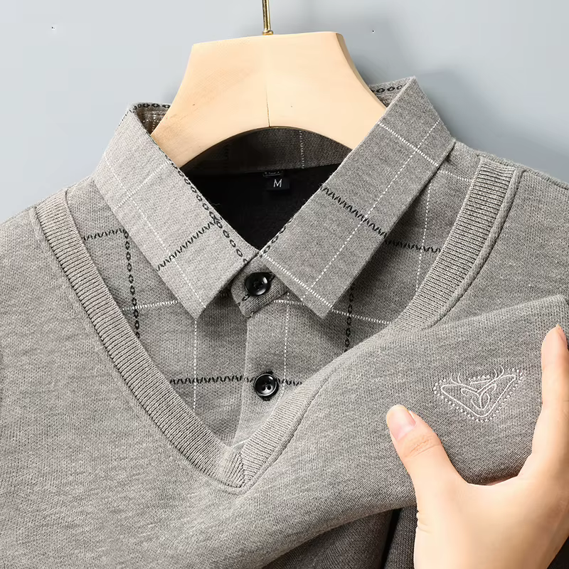 Polo classique doublé polaire pour hommes, col de chemise, pull à manches longues, vêtements d'autom