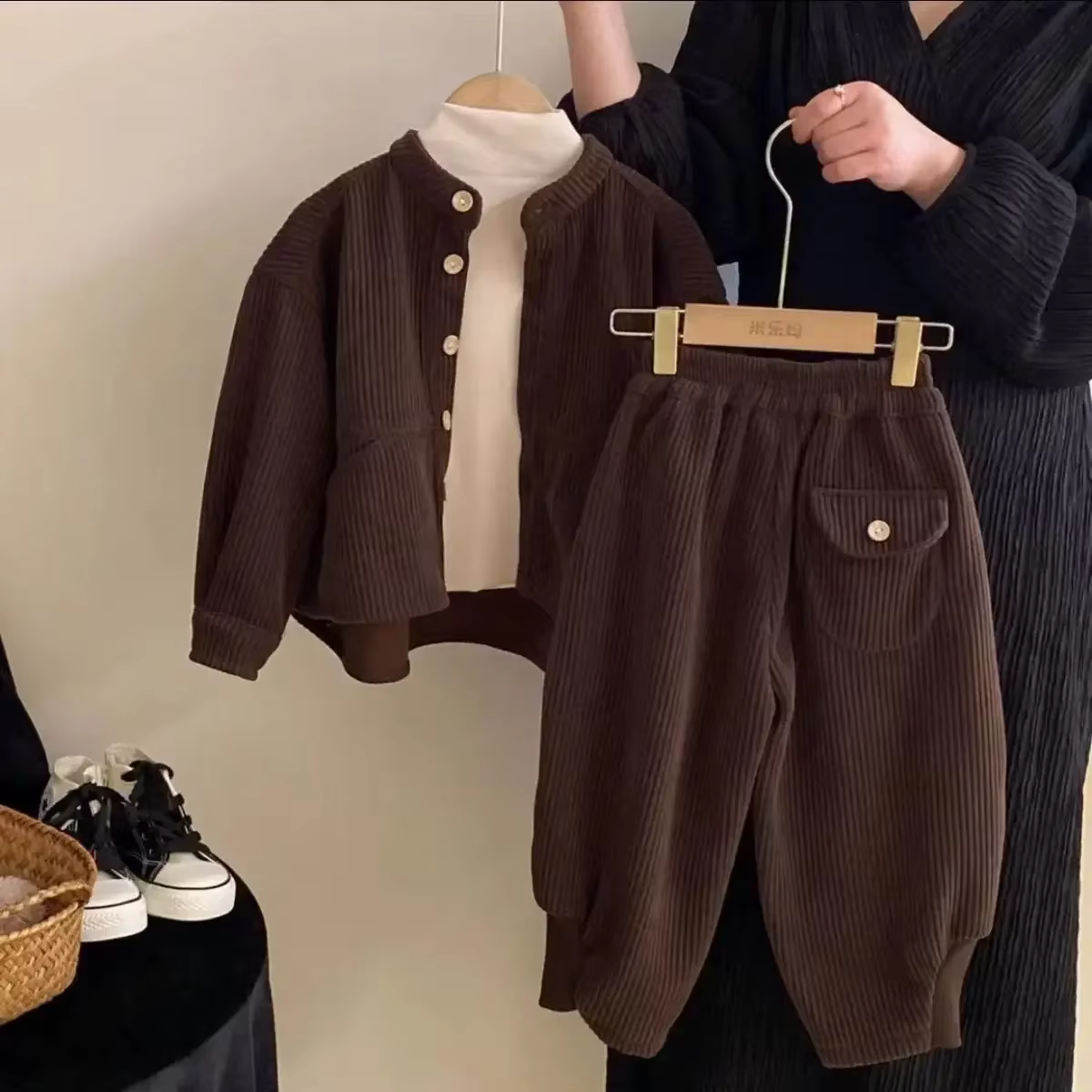 Garçons filles coréen velours côtelé col montant simple boutonnage haut + pantalon printemps automne