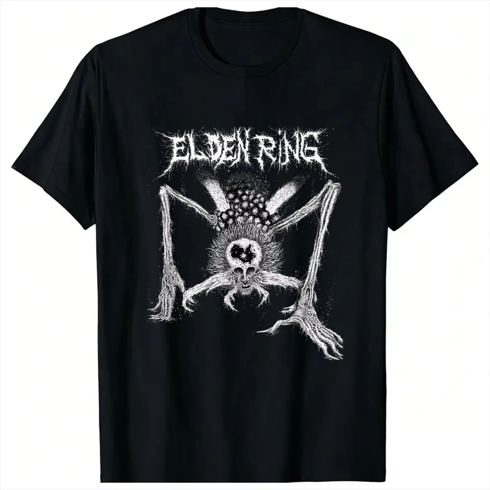 T-shirt homme noir en coton, style Hip Hop, vintage et décontracté, avec motif Metal Elden Game Ring