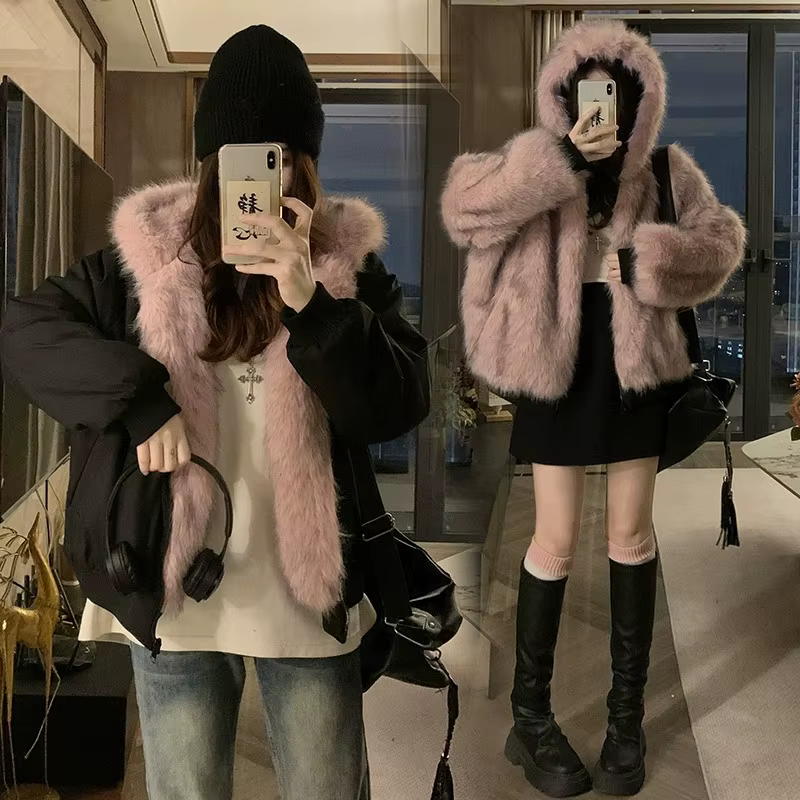 Double face manteau d'hiver femmes vêtements Imitation fourrure de vison fourrure à capuche coton ve