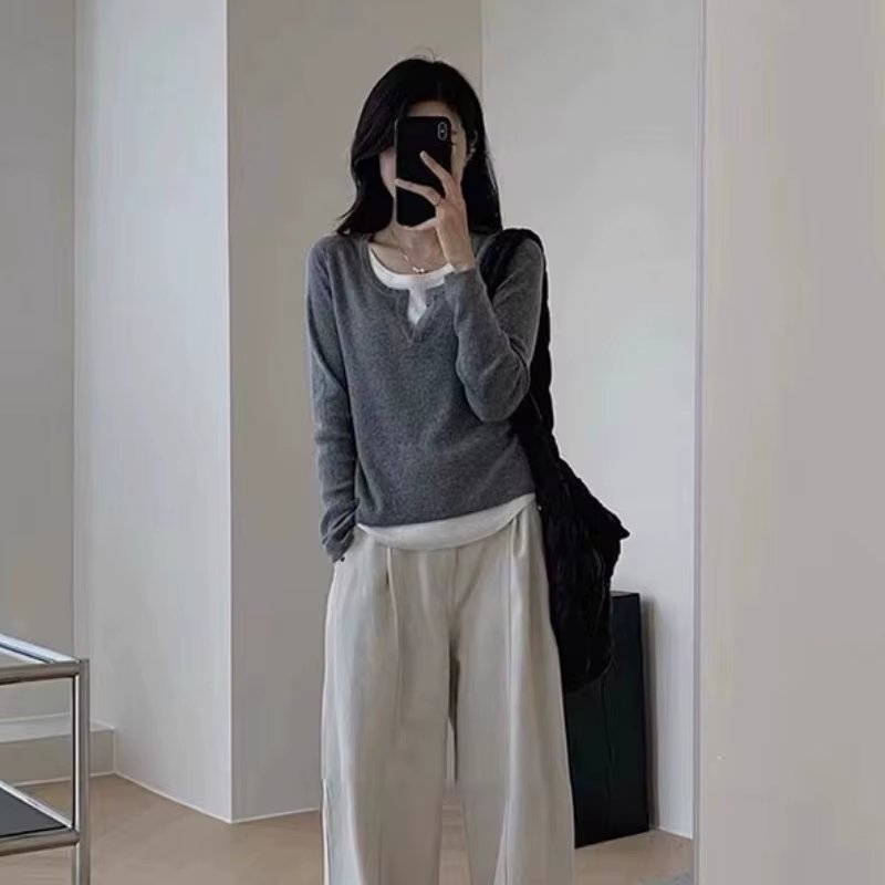 T-shirt à manches longues coupe ajustée, style coréen, avec empiècements asymétriques, pour automne 