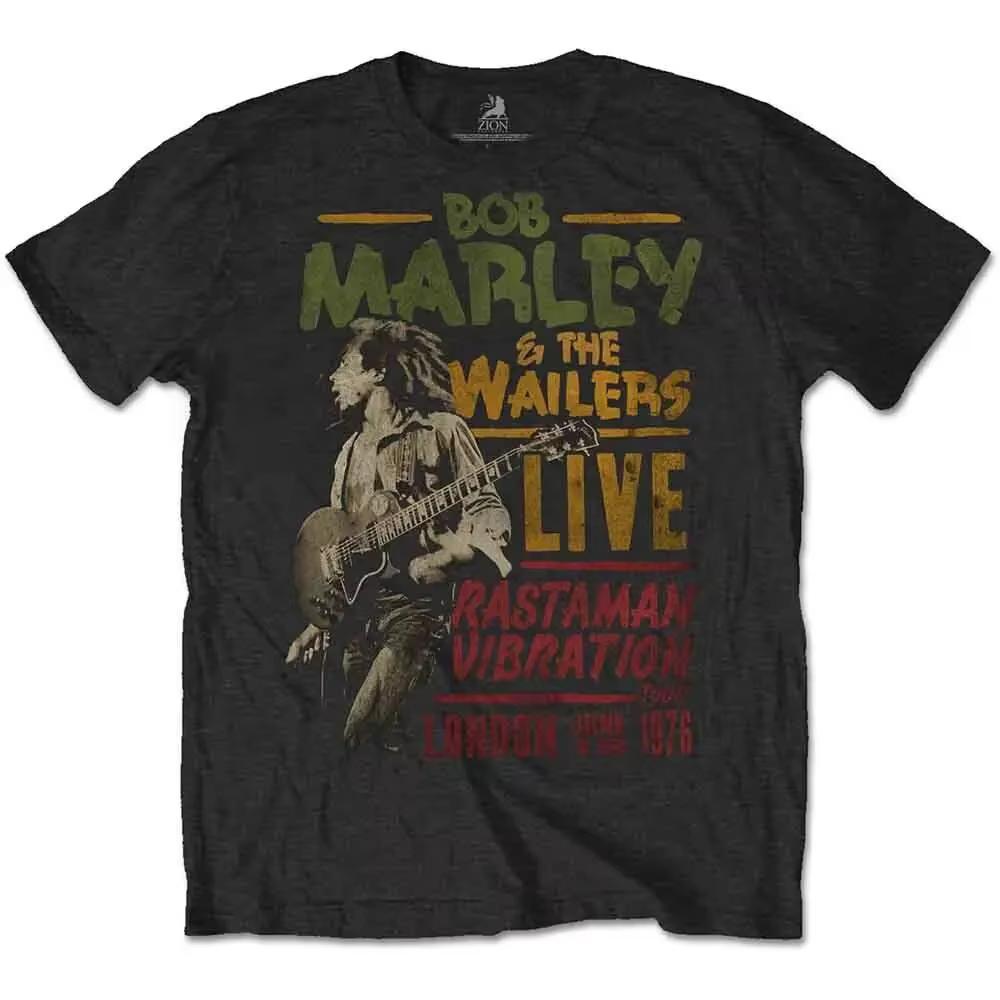 Bob Marley Rastaman Vibration Tour 1976 T-Shirt noir nouveau