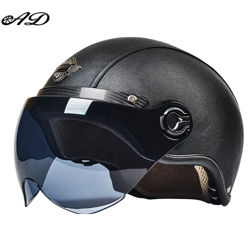 D'expériences de moto rétro AD avec visière Harley, casque en cuir pour homme, vélo électrique Hurbi