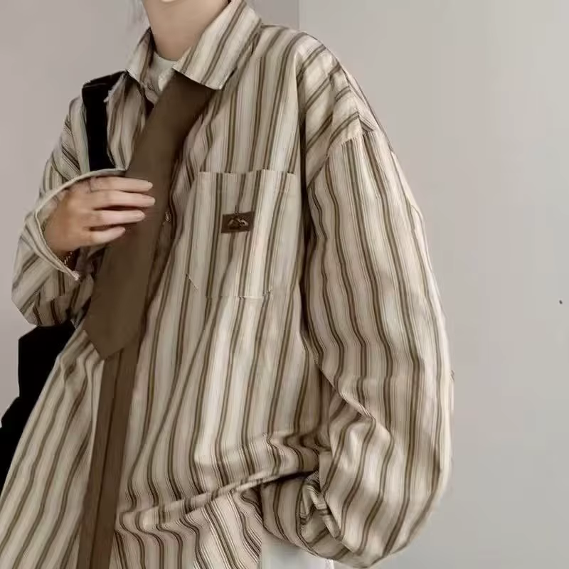 Chemises à rayures verticales vintage pour hommes, Preppy, Kpop, Hipster, Vêtements à manches longue
