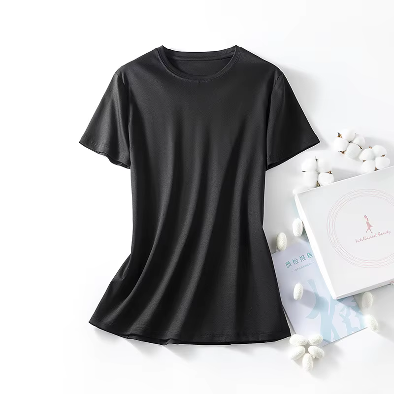 T-shirt en coton et soie à manches courtes, couleur unie, style basique, respirant, col rond, col en