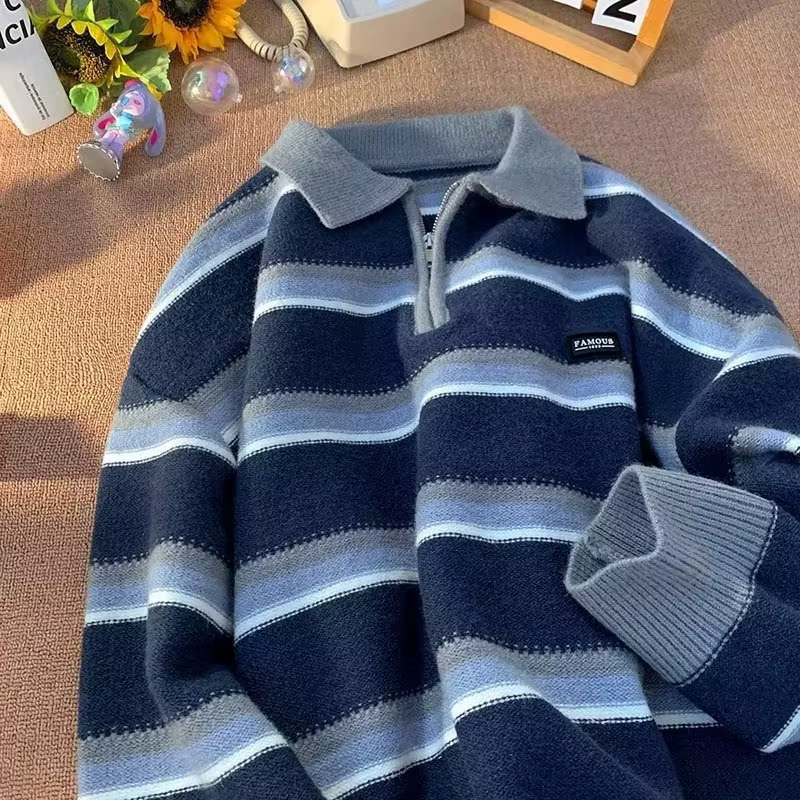 Pull à col Polo rayé rétro japonais pour hommes, chemise tricotée ample et décontractée pour Couples