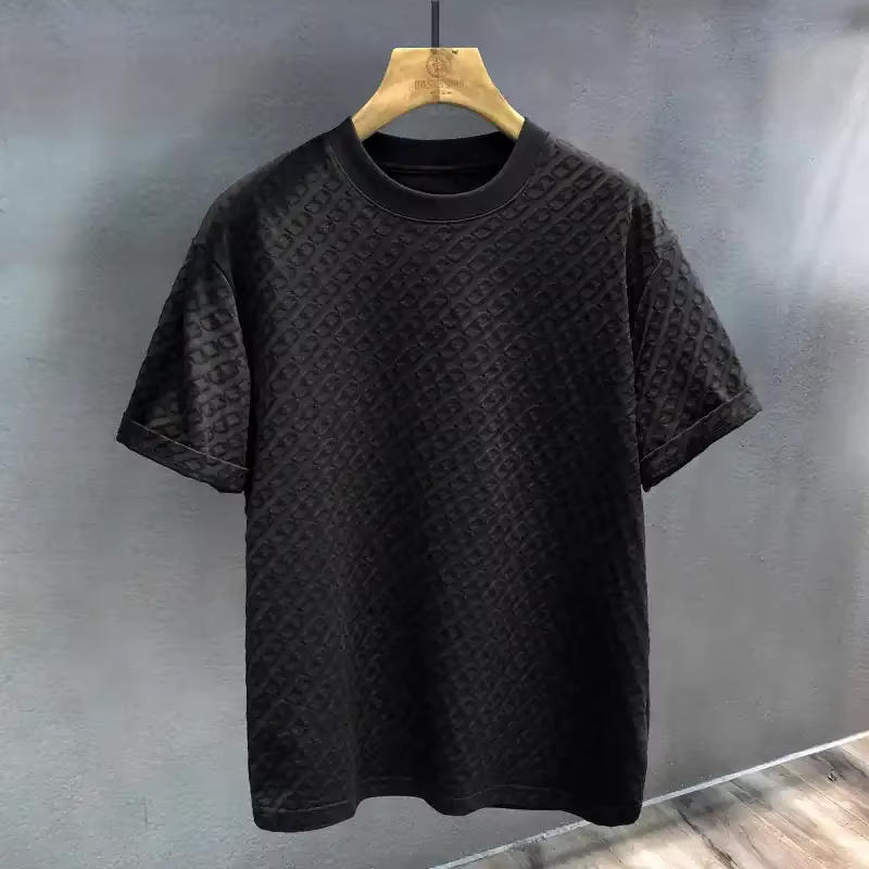 T-shirt d'été pour homme en jacquard texturé à manches courtes, col rond, ample, respirant, basique 