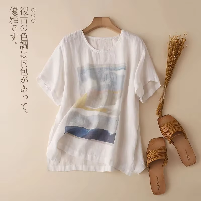 Blanc cravate colorant Art impression coton lin col rond manches courtes T-Shirt femmes Blouse chemi