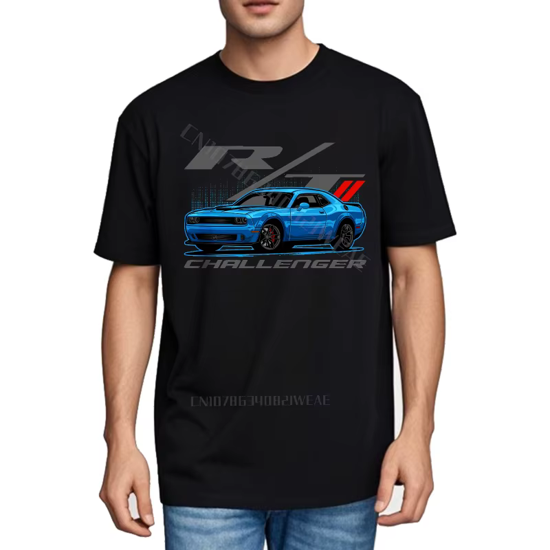 Hommes T-shirt coton col rond T-shirt bleu voiture avec texte Challenger entraînement confort T-shir