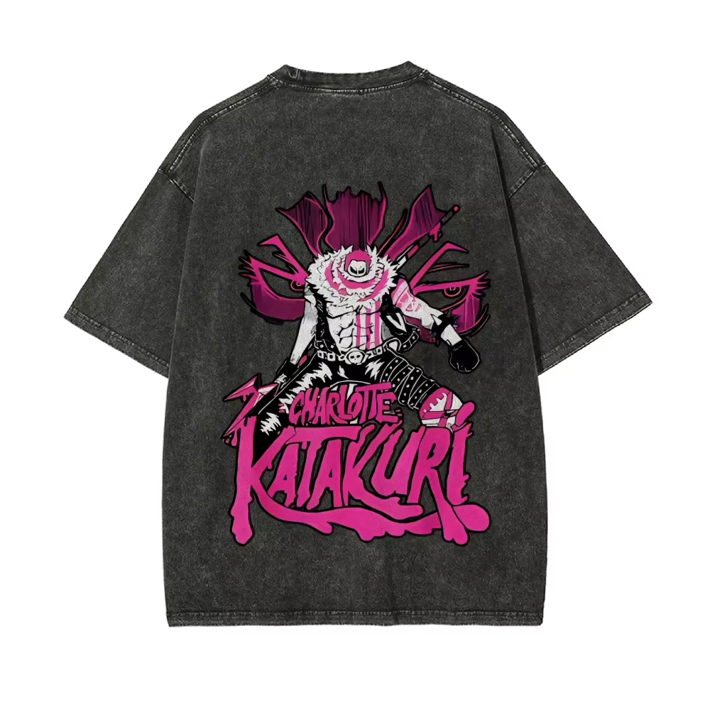 T-shirt unisexe délavé One Piece Charlotte Katakuri – Collection été et printemps, style anime Y2K, 