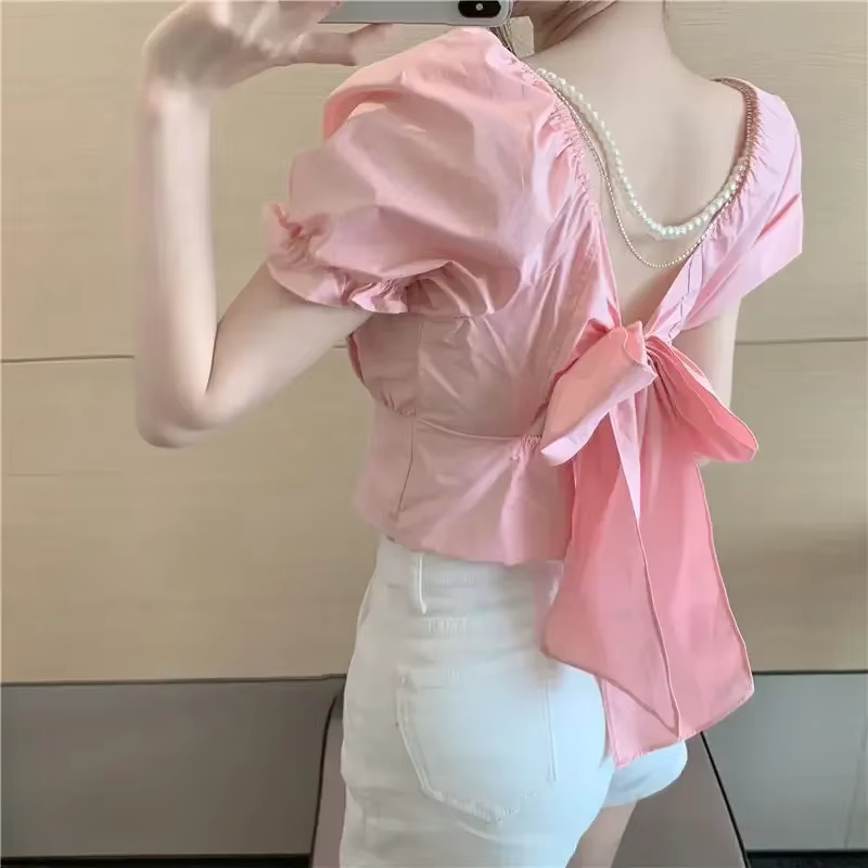 Chemisier blanc à manches bouffantes et dos nu pour femme, haut court avec nœud français, nouvelle m