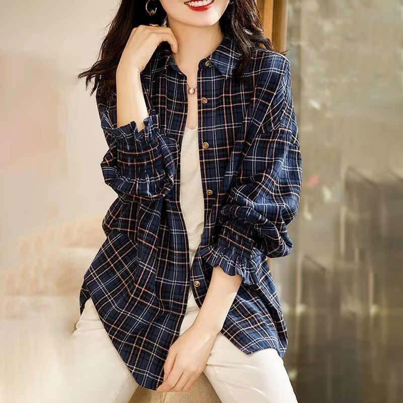 Chemise longue à carreaux boutonnée pour femmes, tenue de bureau décontractée, coupe ample, col raba