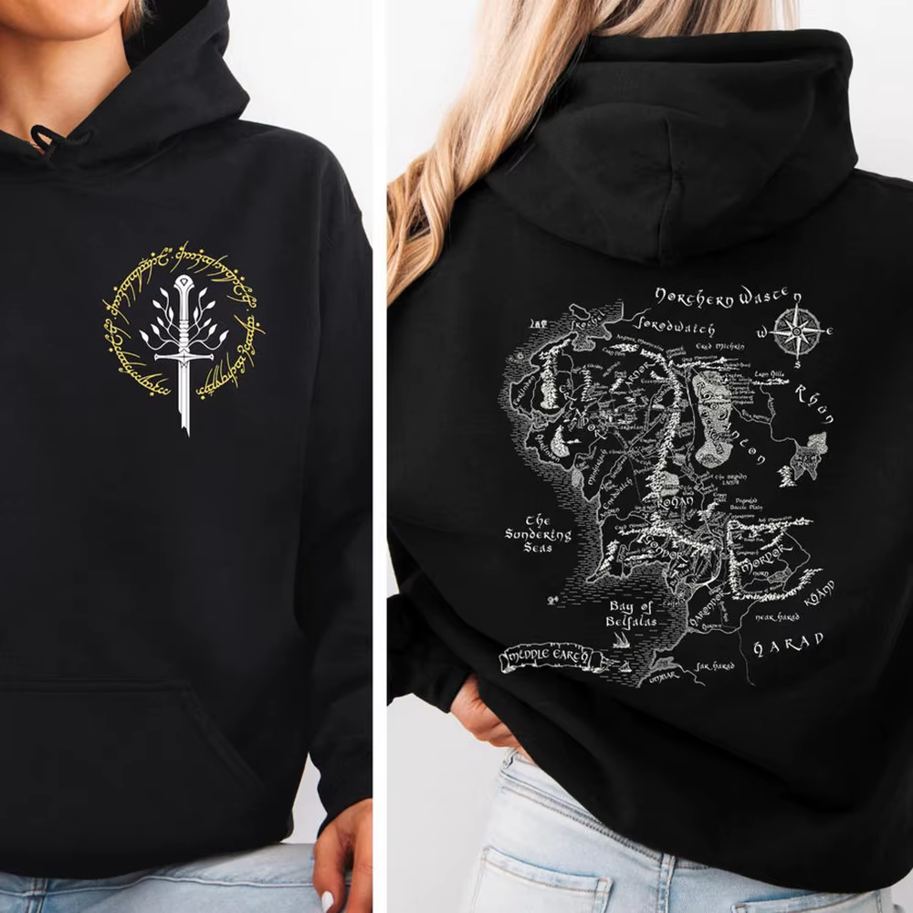 Sweat à capuche Carte de la Terre du Milieu Second Breakfast Club LOTR, Pull, Vêtements pour fans de
