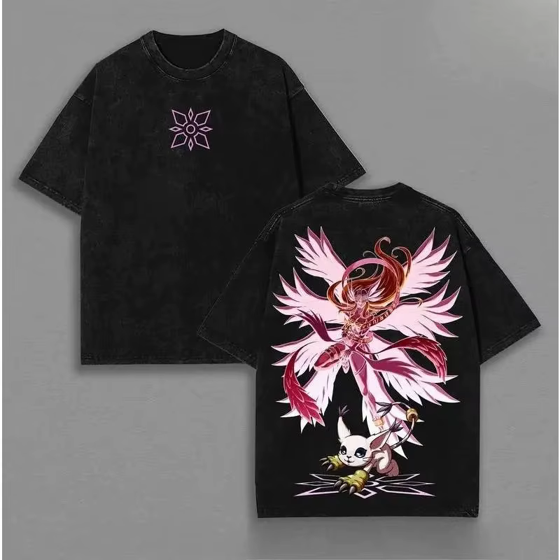 T-shirt Angewomon Digimon Adventure, style vintage, délavé, surdimensionné, vêtements unisexes pour 