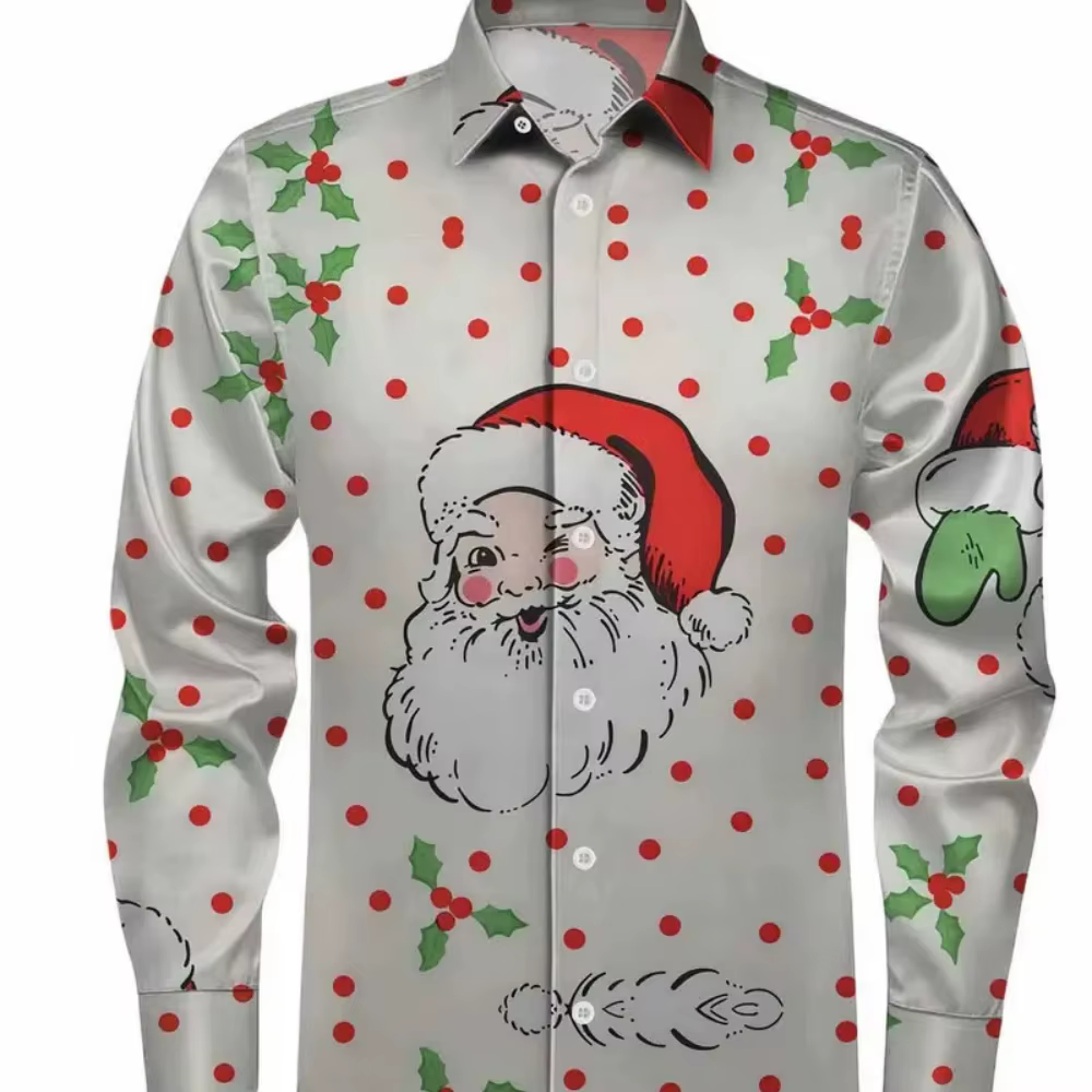 Chemise de noël à manches longues pour hommes, imprimé père noël, revers, vêtements de fête décontra