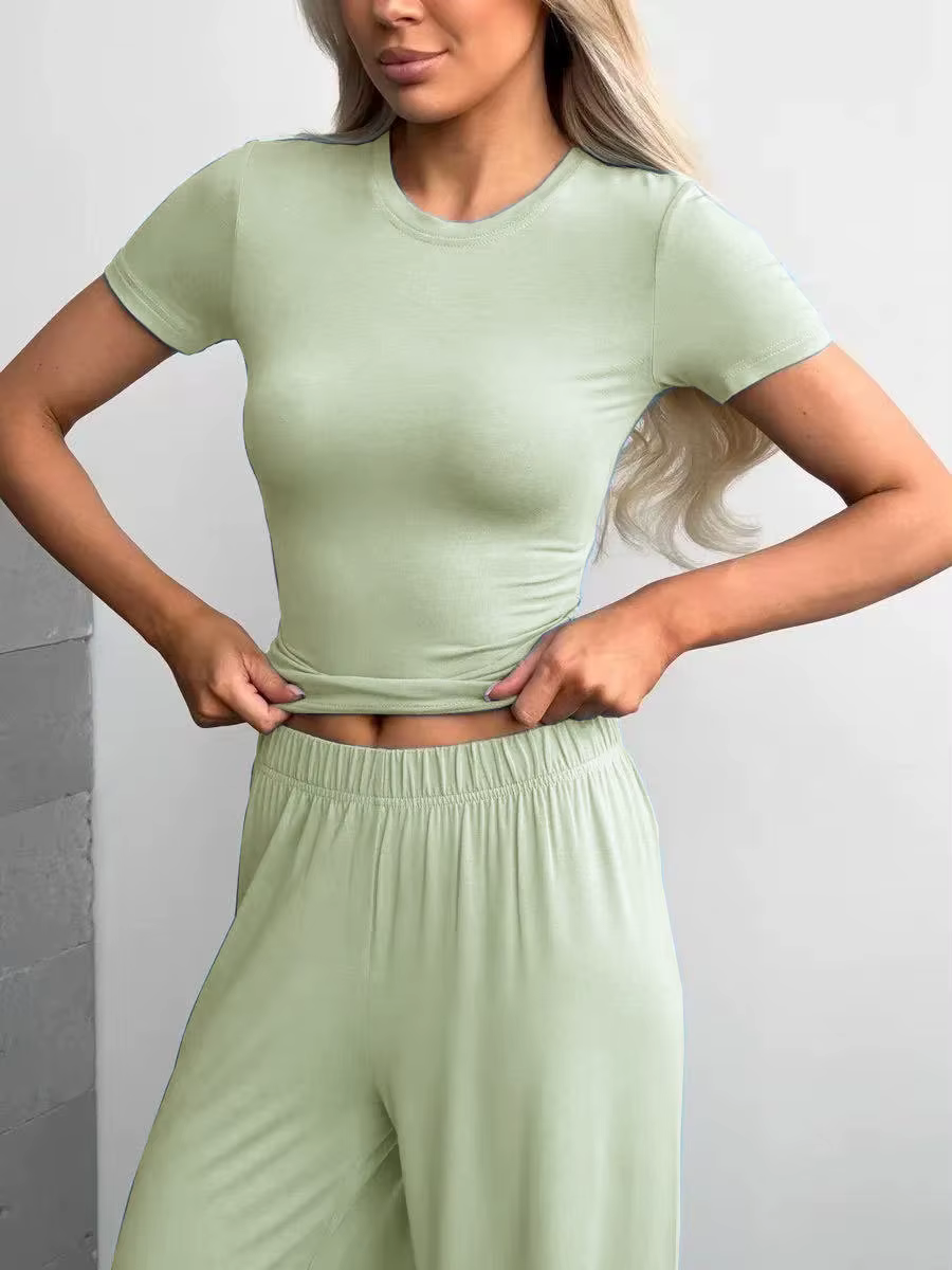 Ensembles 2 pièces pour femmes 2026 : T-shirt tricoté à manches courtes et pantalon long – Nouveauté
