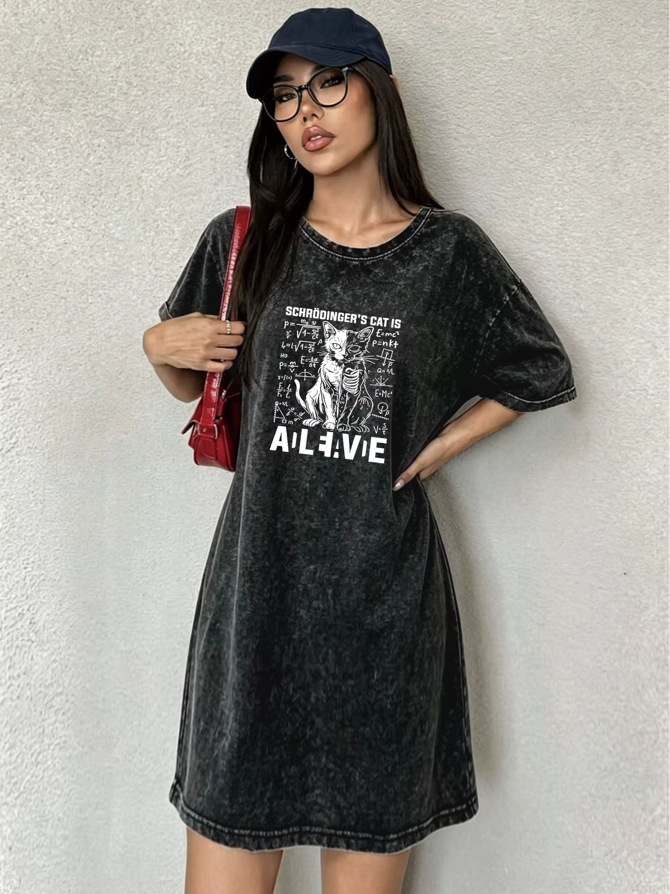 Robe T-shirt vintage délavée et usée pour femme, robe imprimée chat de marque streetwear tendance