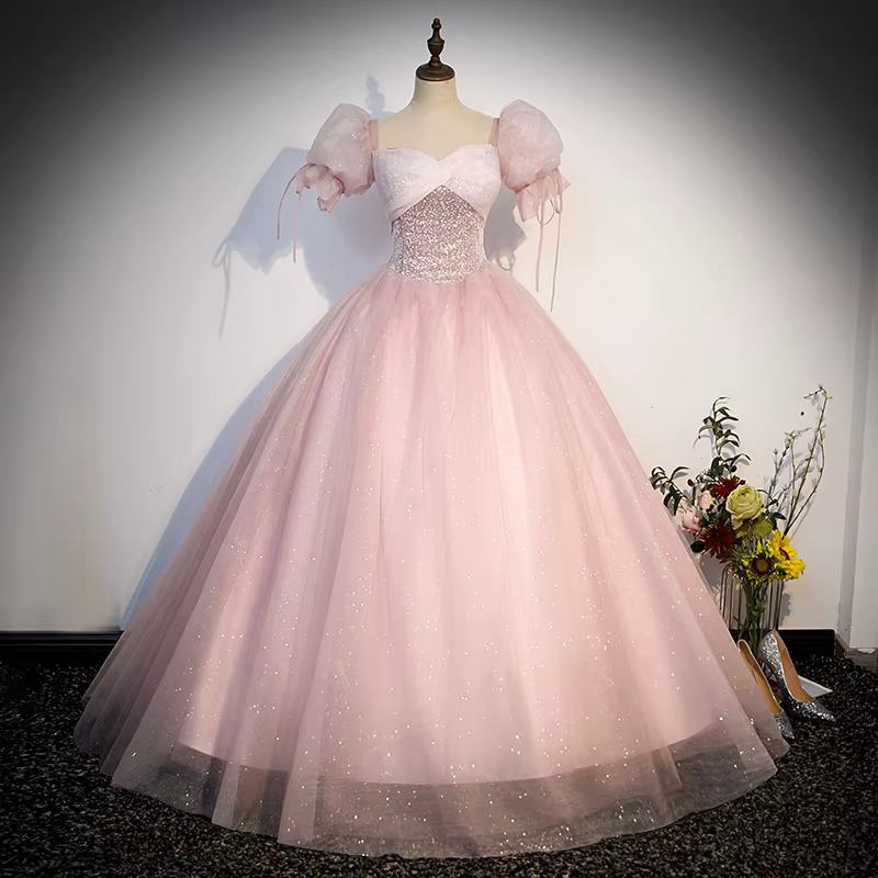 Robe de Soirée en Tulle à Paillettes et Manches Moelleuses, Tenue de Princesse, Longueur au Sol, Lig