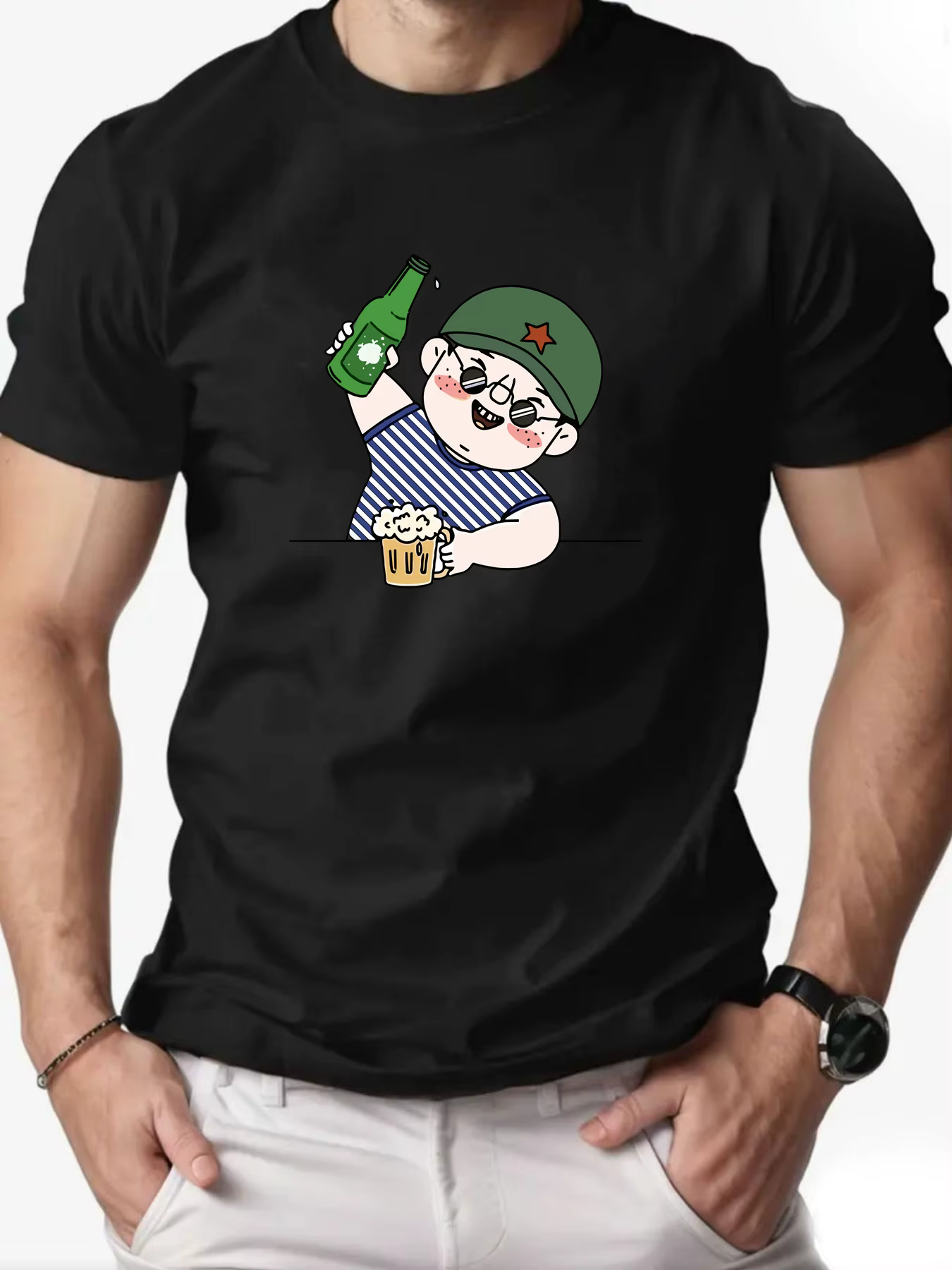 T-Shirt col rond pour hommes, motif de dessin animé imprimé, mode loisirs sport, haute qualité, vête