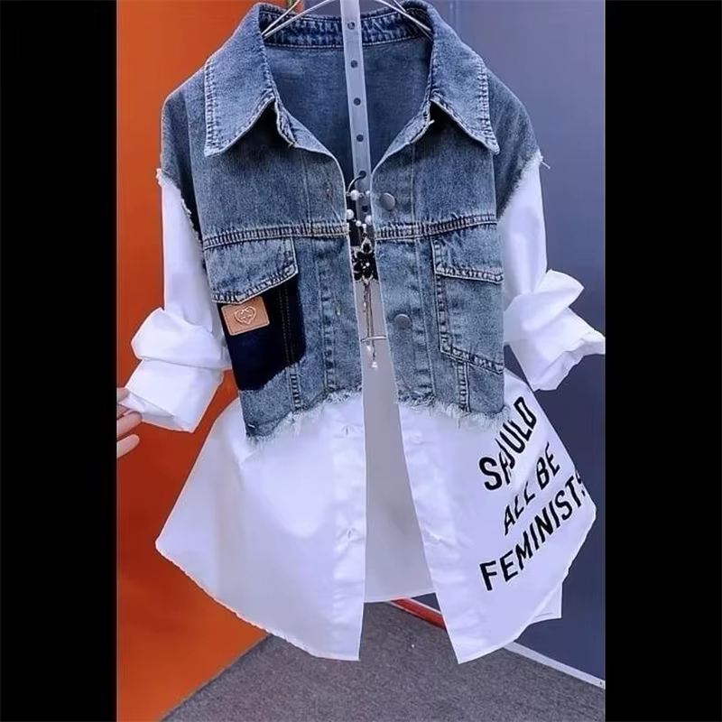 Mode Denim chemise dames hauts femmes nouvelle épissage Denim veste printemps automne coréen décontr