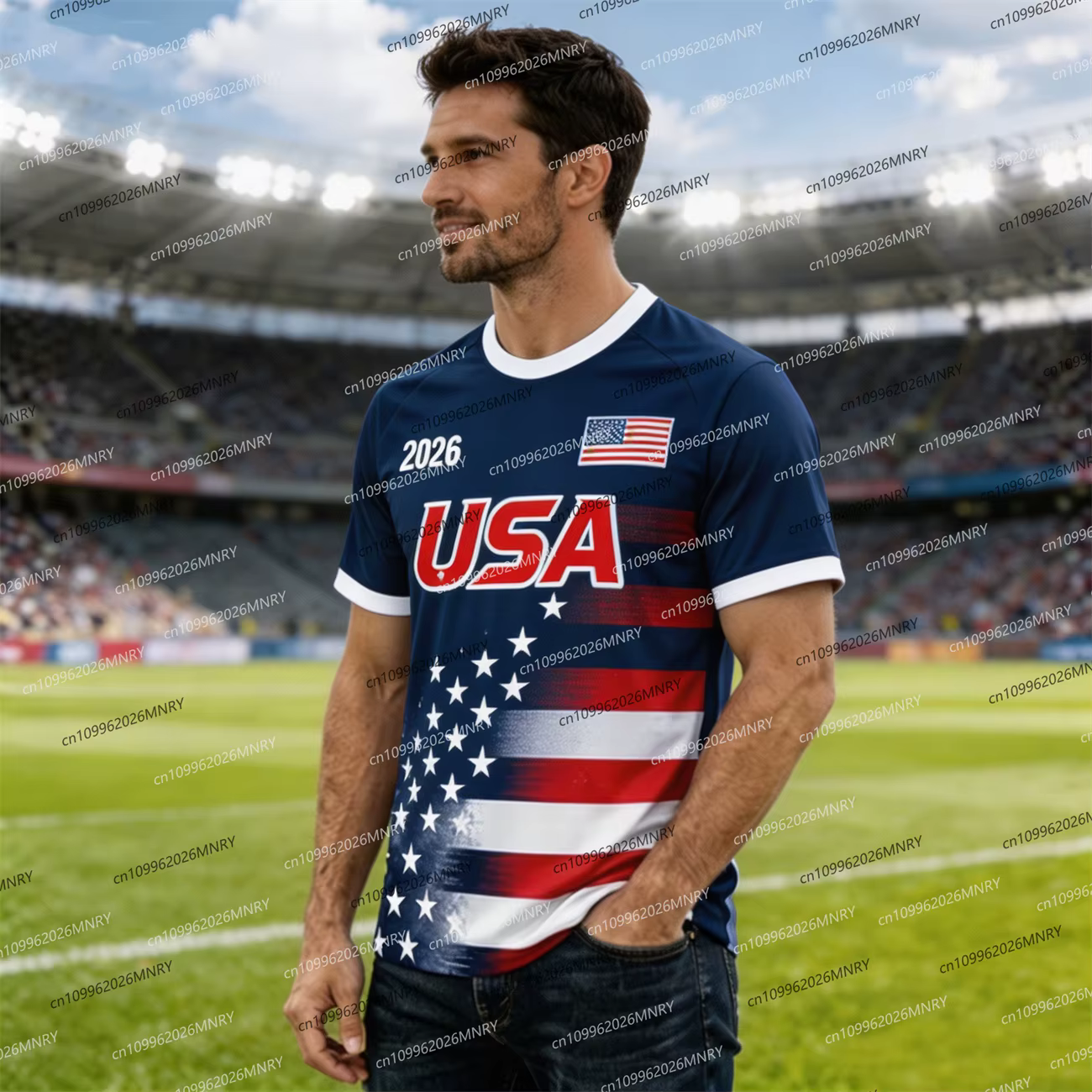 T-shirt d'homme avec emblème du drapeau américain 2026, maillot de supporter, maillot de football am
