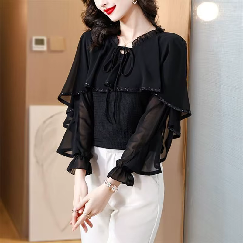 Chemisier à paillettes à col rond pour femmes, chemise vintage Everak, vêtements élégants, volants é