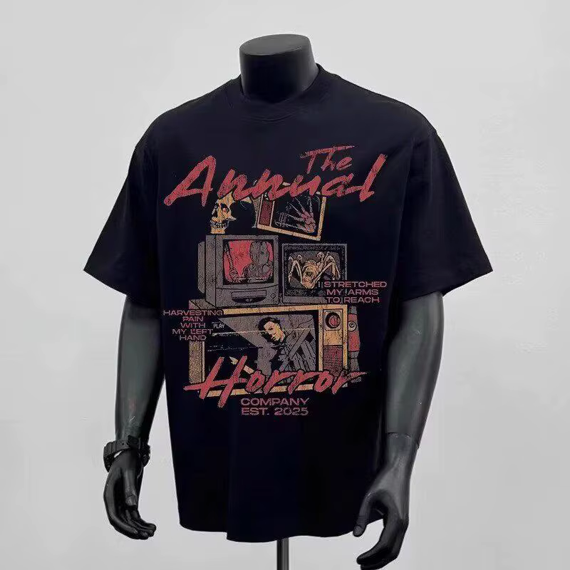 T-shirt d'été en coton pur style streetwear américain rétro, esthétique européenne et américaine, à 