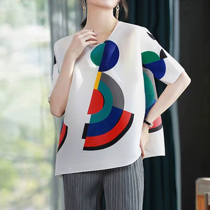 Top plissé à manches courtes pour femme, t-shirt surdimensionné, crop top imprimé, mode printemps/ét