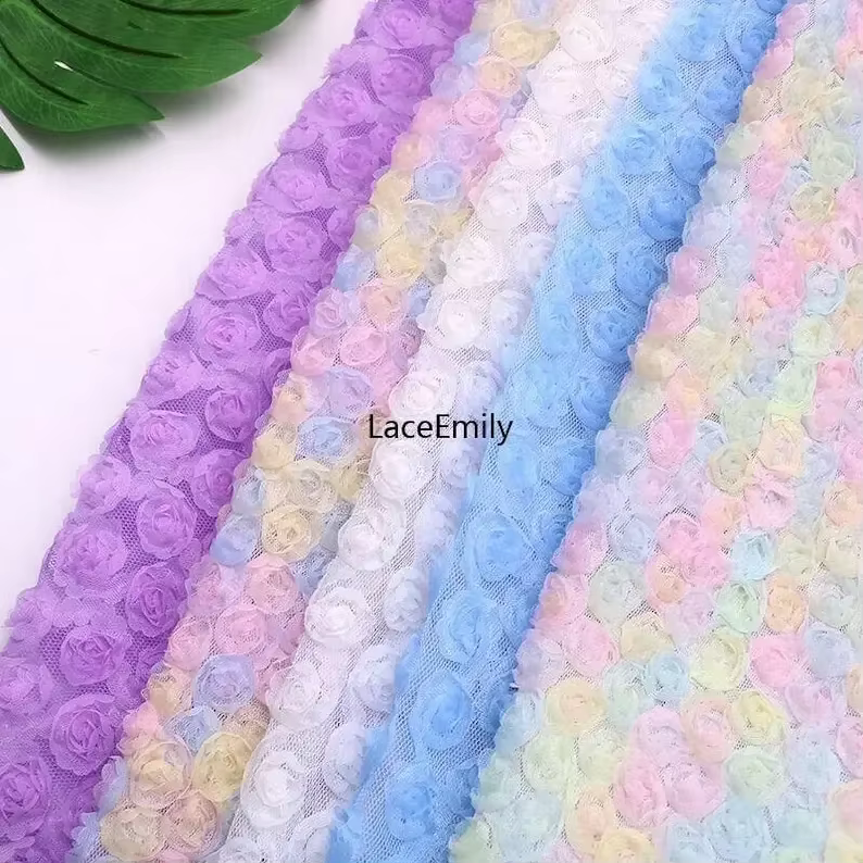 Tissu en dentelle à fleurs roses 3D, 8 couleurs, tissu brodé en mousseline de soie pour robes de bal