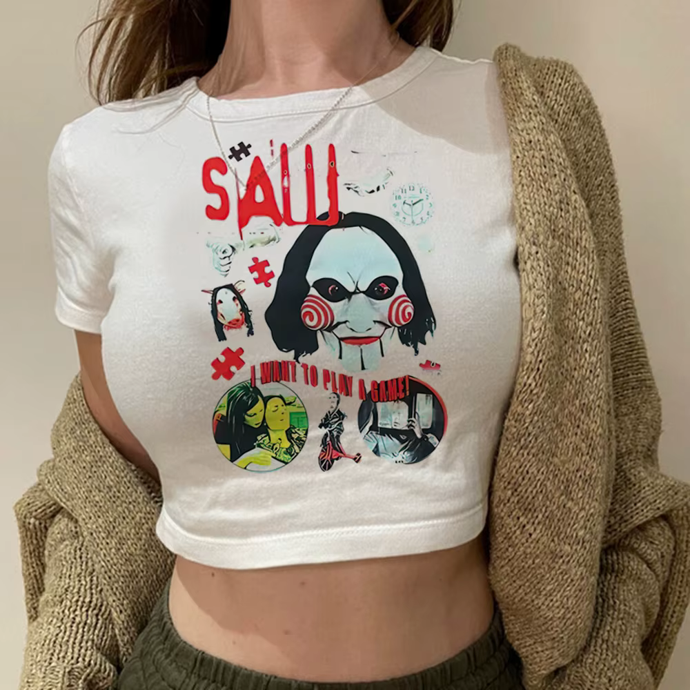Film scie tête d'horreur torture streetwear yk2 hippie crop top fille années 90 gothique vintage str