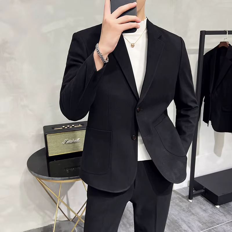 Costume décontracté à deux boutons pour hommes, ensemble deux pièces, couleur unie, coupe ajustée, v