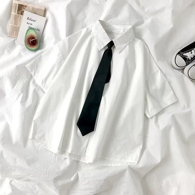 Chemise blanche pour femmes, chemisier à revers à manches courtes avec cravate, mode japonaise pour 